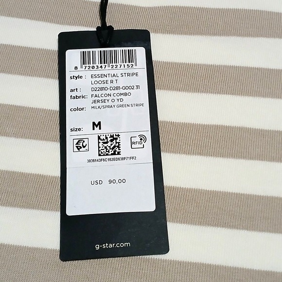 G-Star Raw Mens T-Shirt Essential Beige Striped T Shirt Ringer Milk Spray Green - Picture 8 of 12